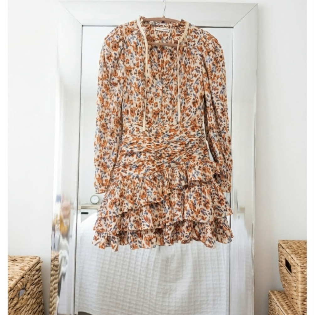 Floral Tiered Ruffle Mini Dress in Rust and Ivory